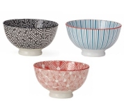 Simple but colorful, these small bowls are wonderful to add to any dinnerware set. They are the perfect size for desserts (let’s all scream for ice cream), can be used as a rice bowl or for a variety of side dishes, and of course a good size for a healthy serving of soup. Buy in multiples or mix and match designs! $8 each.